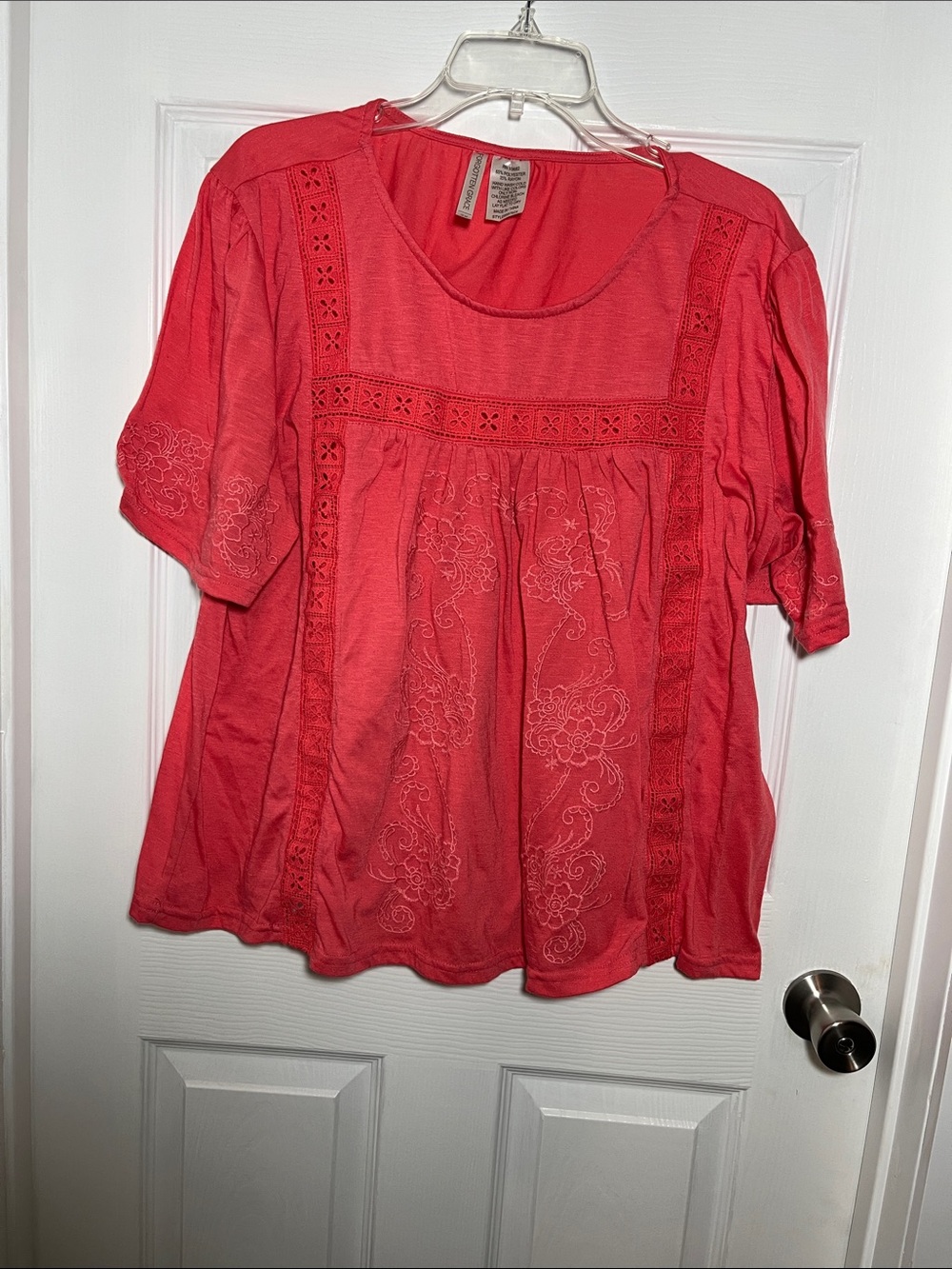 Forgotten Grace Anthropologie Embroidered Coral Short Sleeve Top